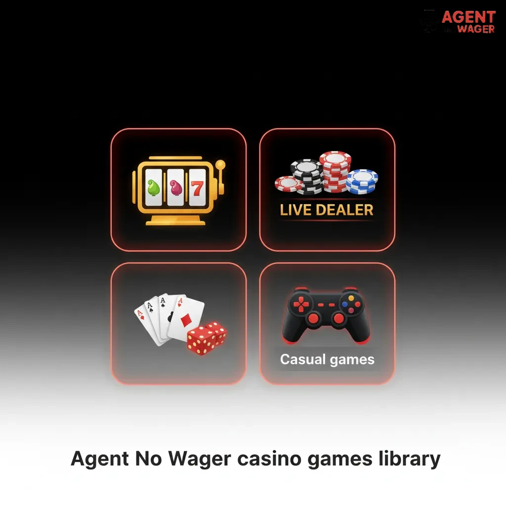 Agent No Wager casino lobby with grid of slots, roulette, blackjack, jackpots, live shows, and provider/volatility filters