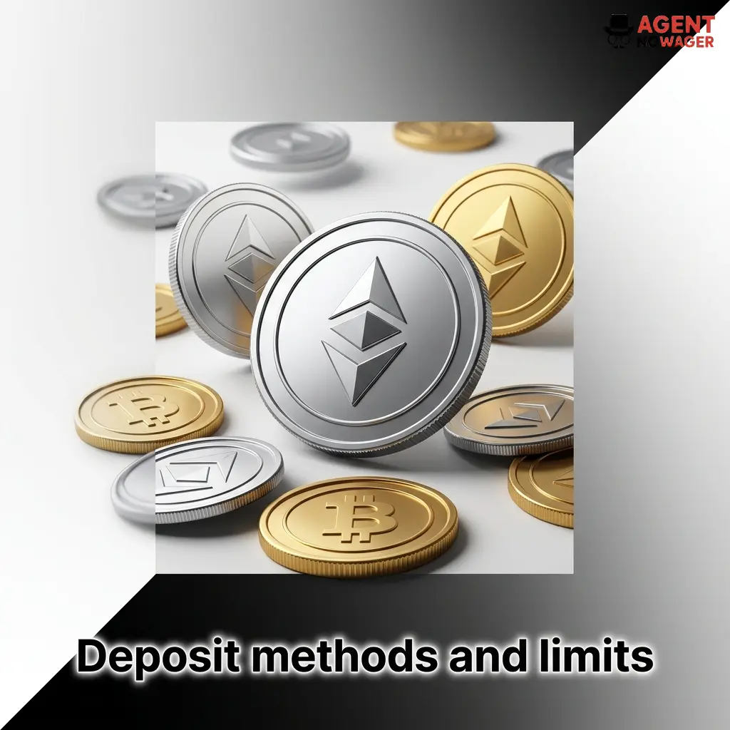 Deposit methods and limits table showing min/max GBP amounts and processing times for cards, bank transfer, crypto and e-wallets