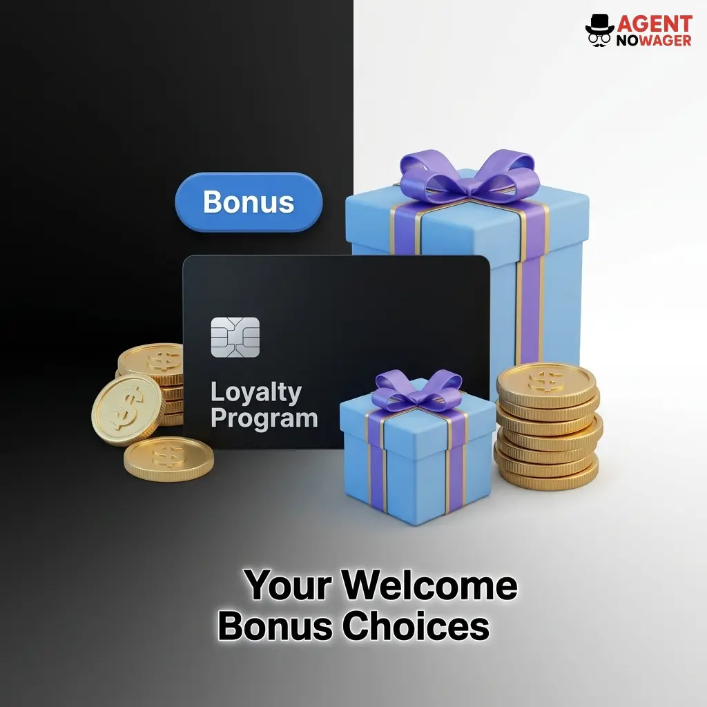 Agent No Wager welcome bonus choices showing 10% plus 20FS, 15% plus 30FS, and 20% plus 40FS deposit options